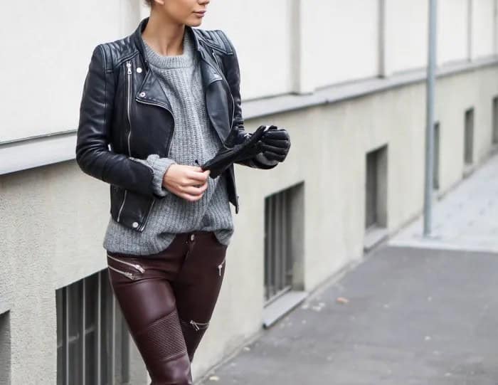 Black Leather Jacket with Grey Ribbed Sweater & Moto Pants