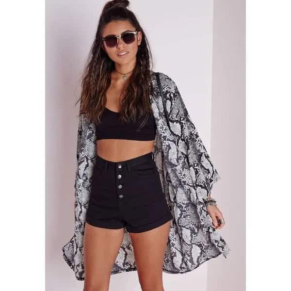 Crop Top with Button Front Black High Rise Shorts & Printed Kimono Cardigan