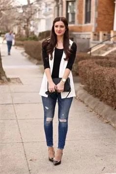 White Sleeveless Blazer with Black Half Sleeve Tee & Ripped Jeans