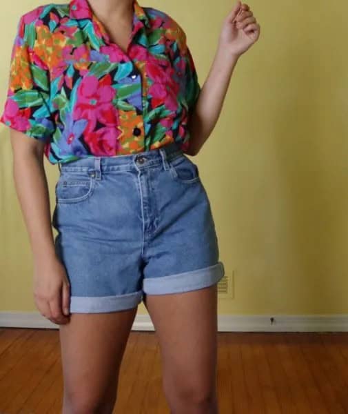 Rose Printed Vintage Shirt with High Waisted Denim Shorts