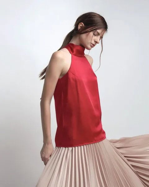 Red Silk Top with Pale Pink Pleated Dress