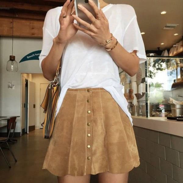 White Semi-Sheer Top with Brown Button Front Suede Scallop Skirt