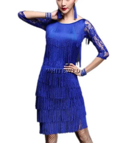 Blue Fringe Gatsby Dress with Fishnet Stockings