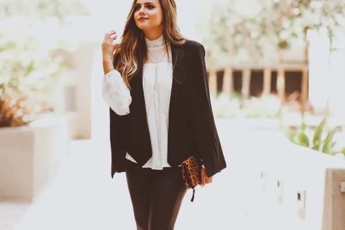 Black Blazer with White Mock Neck Lace Blouse