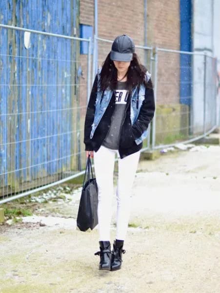 Black Leather Baseball Cap with Denim Vest & Graphic Sweatshirt