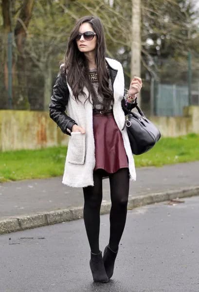 Black Leather Jacket with White Fleece Long Vest & Maroon Silk Skater Skirt