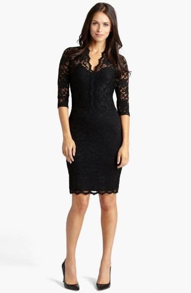 Black Lace Scalloped Hem Half Sleeve Bodycon Midi Dress