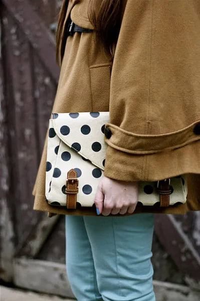 White and Black Polka Dot Leather Clutch Bag with Camel Wool Coat