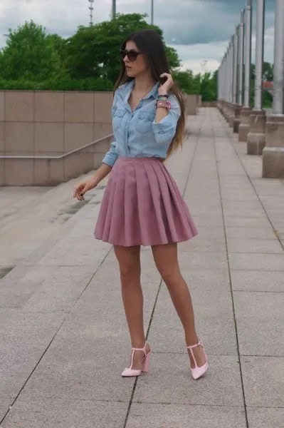 Wear Pink Pleaded Mini Skirt with Denim Shirt