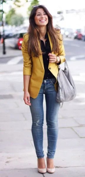 Yellow Jacket with Black Button Up Shirt