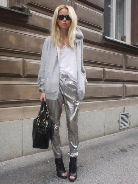 Grey Hooded Cardigan with Silver Metallic Pants