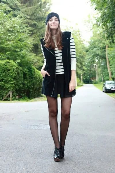 Black Wool Vest with White Striped Knit Sweater & Mini Skirt