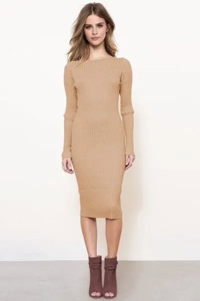 Pink Midi Form Fitting Long Sleeve Sweater Dress