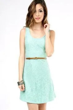 Seafoam Green Belted Mini Lace Dress