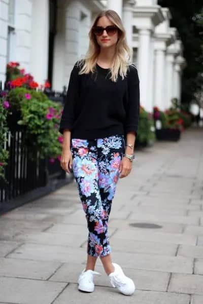 Black Three Quarter Sleeve Sweater with Blue Floral Printed Cropped Pants & White Sneakers