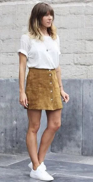 White T Shirt with Camel Button Front Mini Skirt