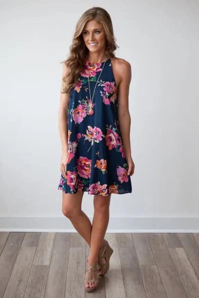 Navy Floral Printed Mini Swing Dress with Nude Heeled Sandals