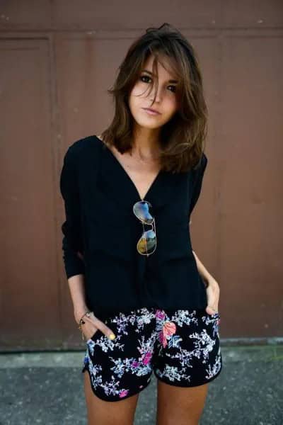 Black V Neck Sweater with Tribal Printed Mini Cotton Shorts