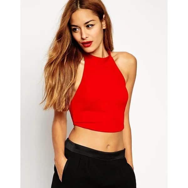 Red Cropped Halter Top with Black Jogger Pants