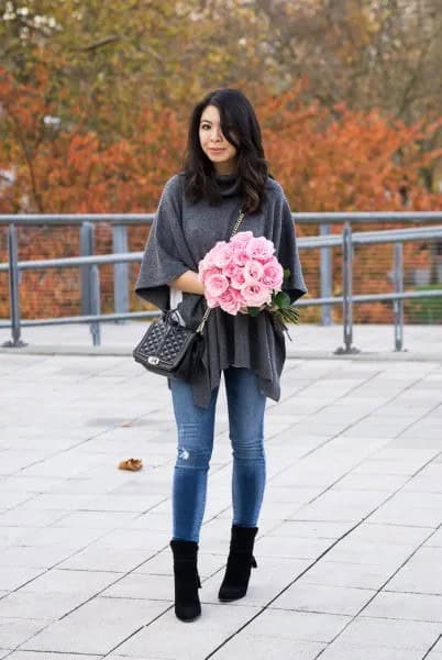 Grey Poncho Sweater with Blue Skinny Jeans & Black Boots