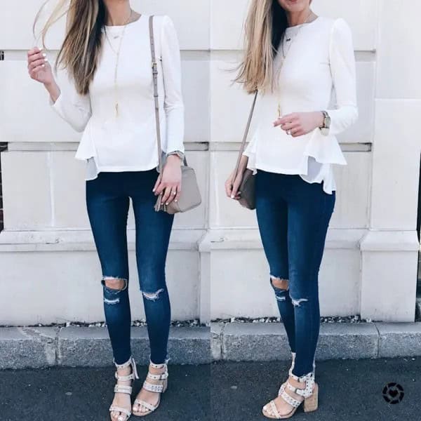 White Long Sleeve Peplum Top & Ripped Jeans