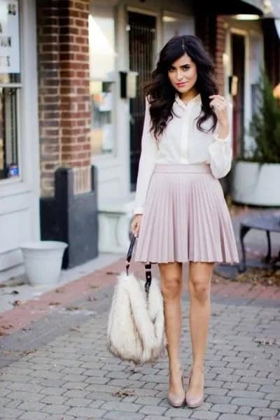 White Button Up Shirt with Grey Pleaded Skirt