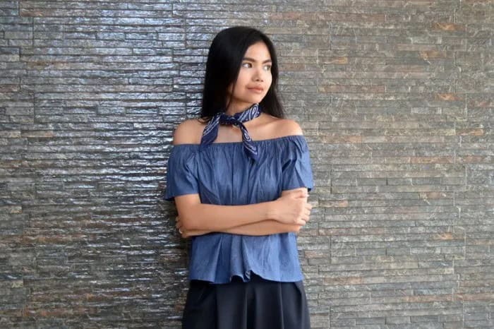 Denim Off The Shoulder Top with Silk Choker Scarf