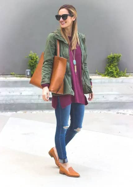 Grey Tunic Top with Denim Jacket & Cuffed Jeans