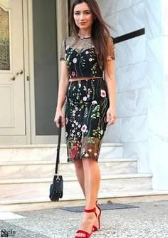 Black Floral Embroidered Mesh Knee Length Skirt with Matching Top