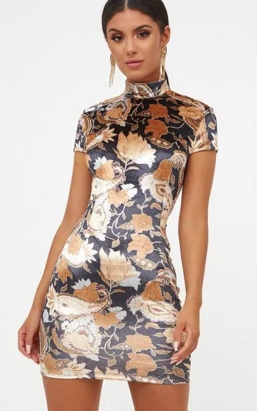 Black Floral High Neck Bodycon Dress