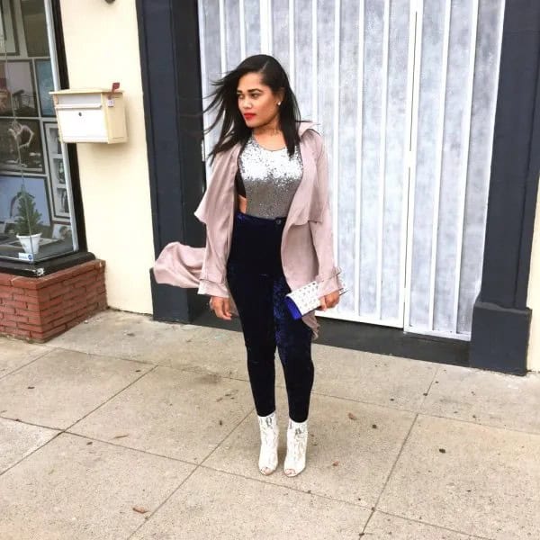 Pale Pink long Blazer with Silver Sequin Tank Top & Navy Blue Leggings