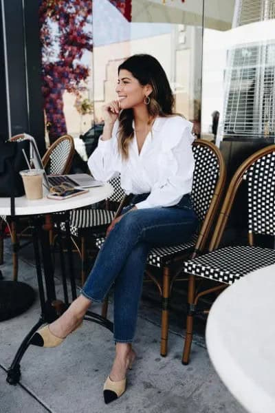 White Ruffle Shirt with Dark Blue Skinny Jeans & Pale Pink Heels