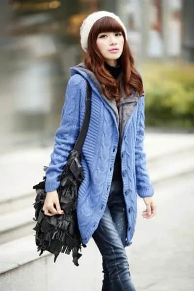 Blue Hooded Cardigan with White Knit Hat