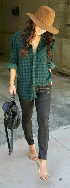 Green Plaid Boyfriend Shirt with Open Toe Heels