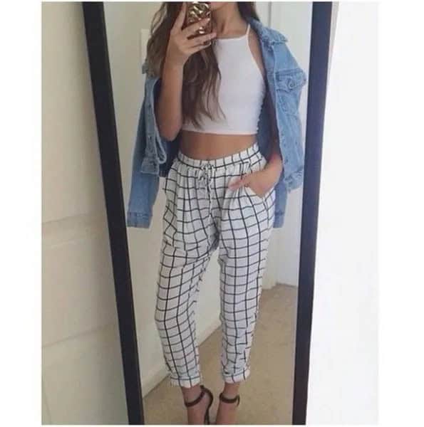 Crop Top with White and Black Plaid Linen Pants