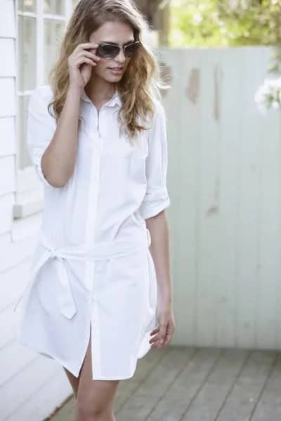 White Half Sleeve Button Up Tie Waist Cotton Mini Dress