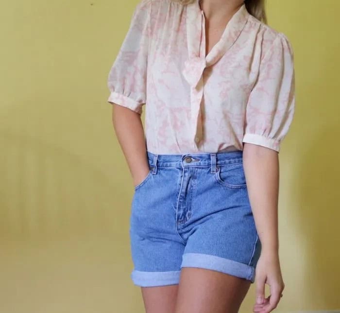 Blush Pink Puff Sleeve Blouse with High Waisted Jeans