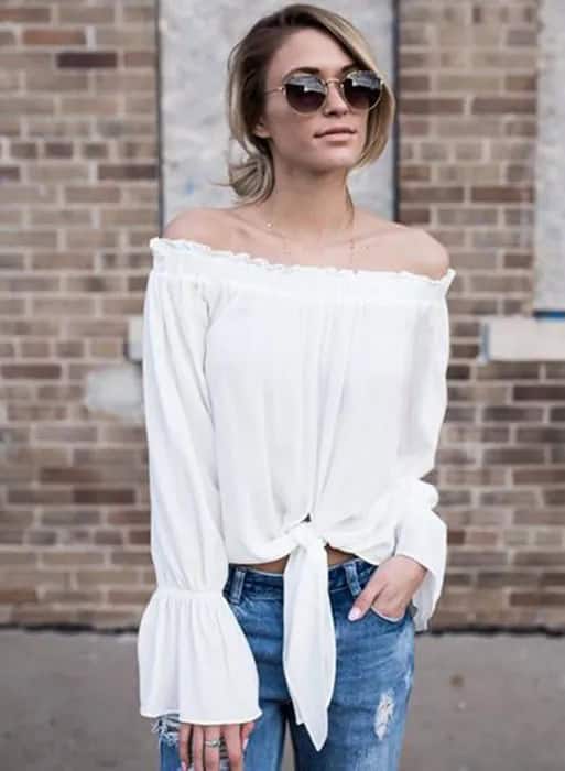 Off The Shoulder Tie Front Blouse