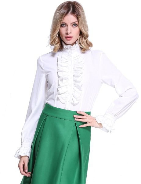 White Lotus Ruffle Blouse with Olive Green High Waisted Midi Skirt