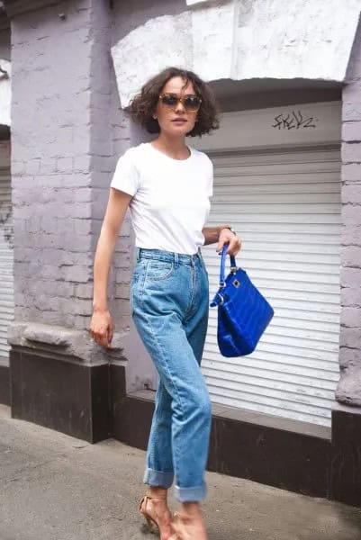 White T Shirt with Mom Jeans & Royal Blue Leather Handbag