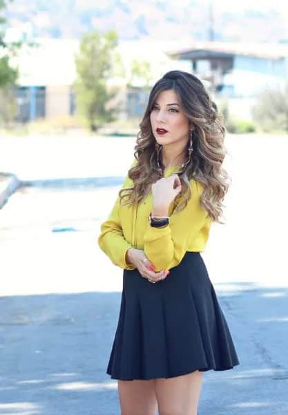 Mustard Color Button Up Shirt with Black High Rise Mini Skater Skirt