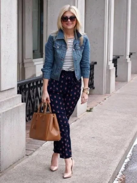 Blue Denim Jacket with Striped Tee & Navy Flannel Pants