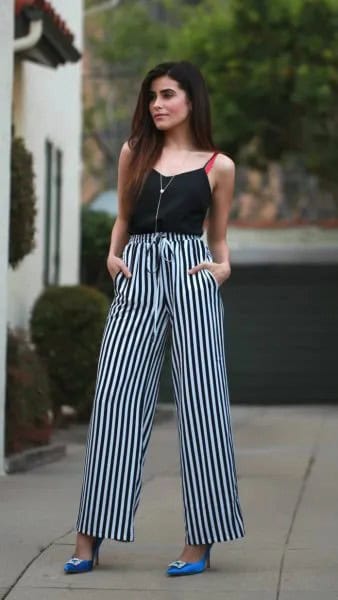 Camisole with Black and White Striped High Waisted Trousers