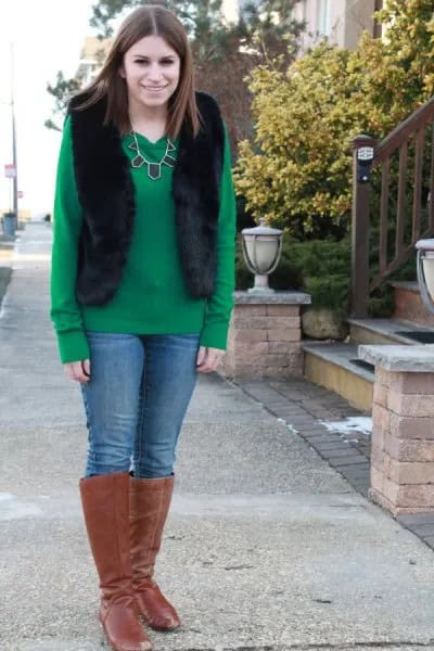 Green Sweater with Black Vest & Camel Suede Knee High Boots