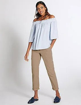 Light Blue Off The Shoulder Blouse with Beige Slim Fit Cuffed Chinos