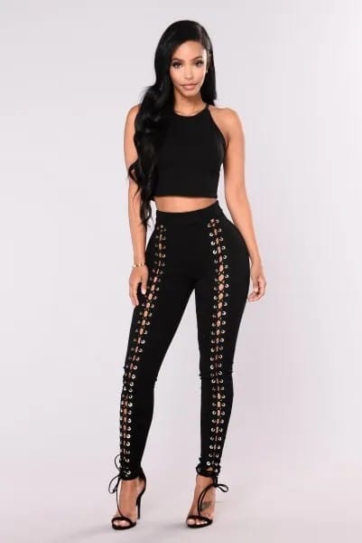 Crop Top with Black Skinny Lace Up Pants & Open Toe Heels