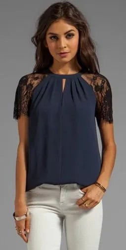 Navy Blue Lace Short Sleeve Blouse with White Skinny Jeans