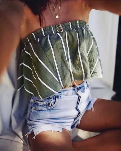 Green and White Striped Tube Top with Light Blue Mini Denim Shorts