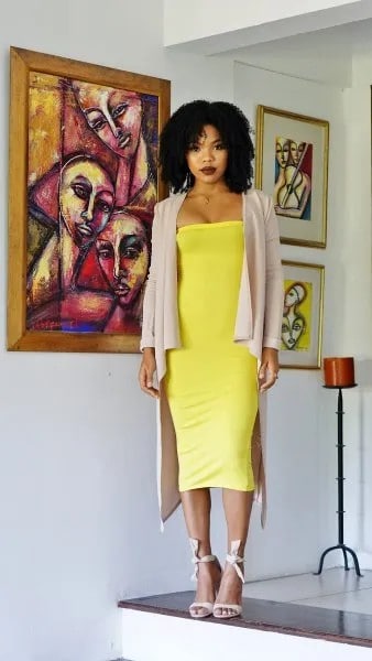 Yellow Midi Tube Dress with Grey Longline Blazer