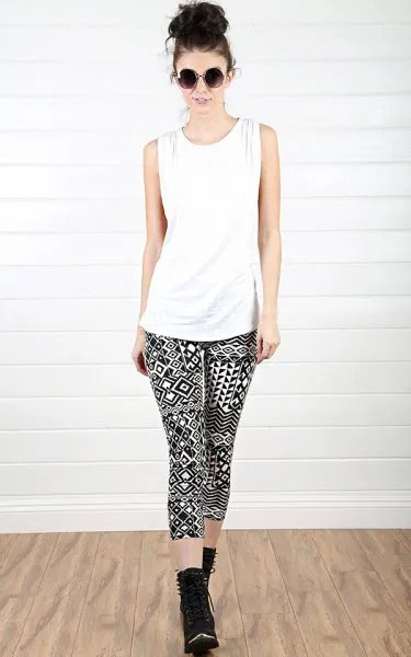 White Tank Top with Black Tribal Printed Leggings